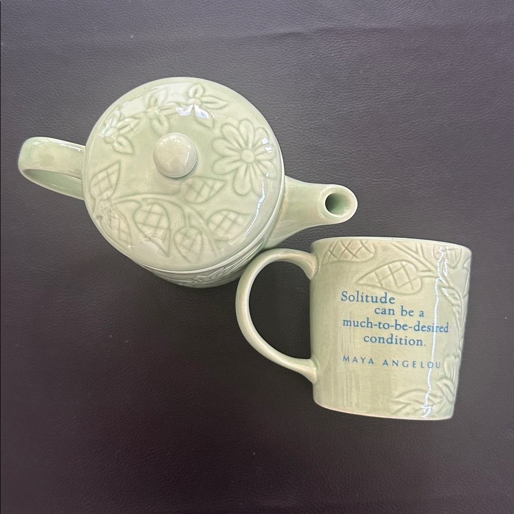 Maya Angelou Solitude teapot and teacup in celadon green by Hallmark